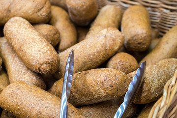 fresh bread on the shelves in bakery, food