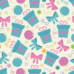 Vector seamless pattern with presents, ribbons, Christmas tree toys, stars 
