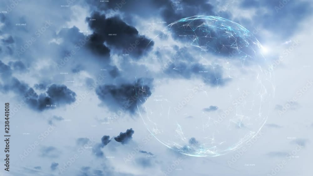 Poster computer cyberspace globe with random numbers data on artistic cloudy sky time lapse background.