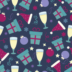 Vector New Year seamless pattern with presents, ribbons, Christmas tree toys, stars 