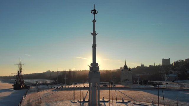 Aerial view of Linear ship Goto Predestination on Admiralty Square at embankment of Voronezh river - popular tourist place in Voronezh city