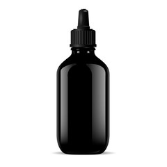 Black vial with dropper cap for medical or cosmetic products. Glossy glass or plastic bottle mockup. 3d vector design.