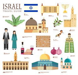 Country Israel travel vacation guide of goods, places and features. Set of architecture, fashion, people, items, nature background concept. Infographic template design on flat style