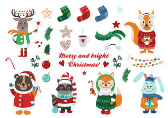 Big Christmas set with isolated cute forest animals dressed in winter clothes and christmas items