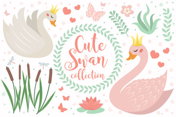Cute swan princess character set of objects. Collection of design element with swans, reeds, water lily, flowers, plants. Kids baby clip art funny smiling animal. Vector illustration