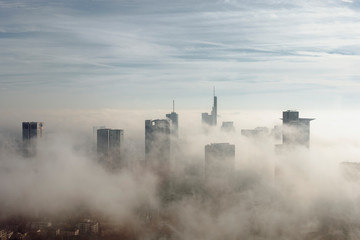Frankfurt Skyline above the clouds in the morning - obrazy, fototapety, plakaty