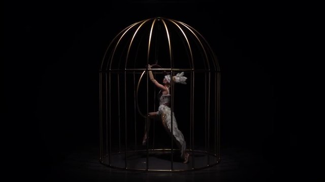Girl spinning on a hoop in a gold cage. Black background. Slow motion