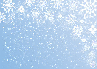 Naklejka na ściany i meble Light blue winter, stylized frame and background with snowflakes and stars. Vector illustration that can be used during holidays or on a card, invitation or new year. Flying border with snow elements.