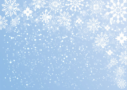 Light blue winter, stylized frame and background with snowflakes and stars. Vector illustration that can be used during holidays or on a card, invitation or new year. Flying border with snow elements.