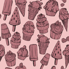 Seamless pattern with ice cream.  Sketch of tasty dessert.