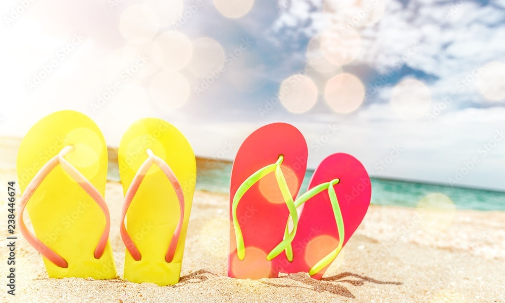 Sticker Pairs Of Flip-flops On Beach, vacation concept