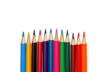 Color pencils on a white background. Close-up. Isolated object. Isolate. 12 pieces.