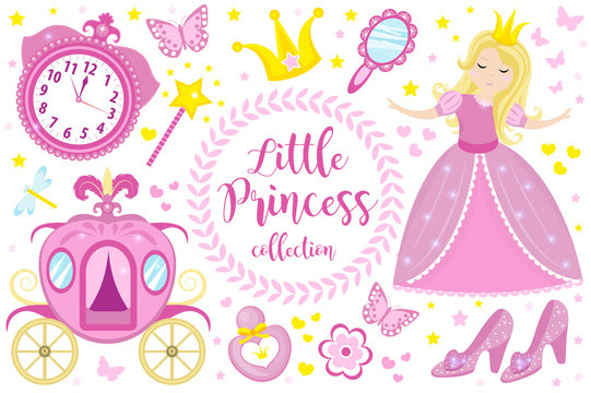 Little Princess cute pink set objects, icons cartoon style . Pretty girl in beautiful dress with a crown, carriage, mirror, perfume collection. Isolated on white background. Vector illustration.