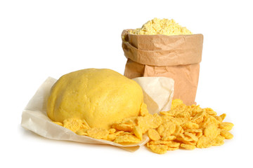 Corn flour with dough and flakes Isolated on white background