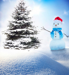 Happy family of snowmens  near the christmas tree.