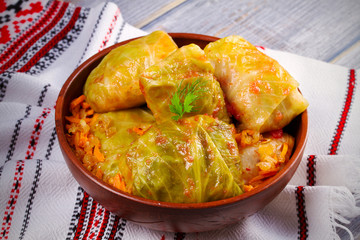 Stuffed cabbage leaves with meat, rice and vegetables. Chou farci, dolma, sarma, sarmale, golubtsy or golabki - popular dish in many countries. horizontal