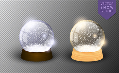 Fototapeta na wymiar Vector snow globe empty template isolated on transparent background. Christmas magic ball. Glass ball dome, wooden stand. Realistic traditional winter holiday crystal, snow inside. Xmas toy sphere.