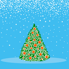 Fototapeta na wymiar Vector christmas green tree with orange balls. Winter blue background with snowflakes. Cartoon greeting card, festive poster or party invitations. Christmas and New year.