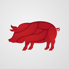 Cut out pig in paper design isolated on white paper background. Red pig symbol of Chinese New Year 2019. Zodiac sign for greetings card, flyers, invitation, posters, brochure, banners, calendar.