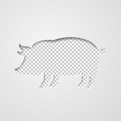 Cut out pig in paper design isolated on white paper background. Transparent silhouette of pig and place holder for text or image. Vector design element for banner, flyer, invitation, poster, brochure.