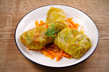 Stuffed cabbage leaves with meat, rice and vegetables. Chou farci, dolma, sarma, sarmale, golubtsy or golabki - popular dish in many countries. horizontal