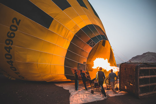 A hot air balloon being set up