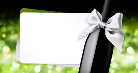 merry christmas greeting gift card with wine bottle silver ribbon bow on green blurred lights...