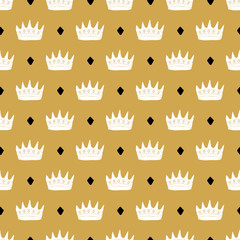 Crown Seamless Pattern, hand drawn royal doodles background, Vector Illustration