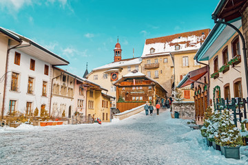 Obraz premium Main street in Gruyeres town village winter