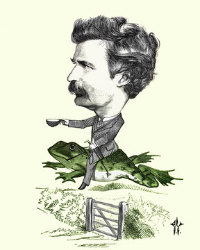Restored reproduction with added colorization of caricature of Mark Twain. Original scanned from: Cartoon Portraits, Biographical Sketches, Men of the Day. The Illustrations of Waddy. Published 1873.