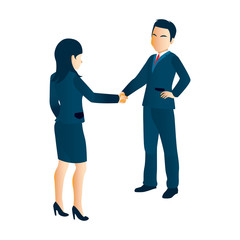 Office corporate businessman and businesswoman standing shaking hands