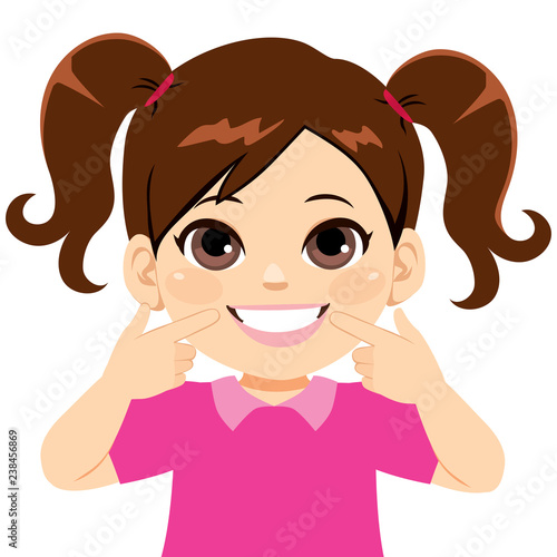"Young happy sweet little girl smiling showing her white smile pointing ...