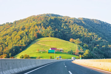 Scenic landscape and road in Slovenia Julian Alps