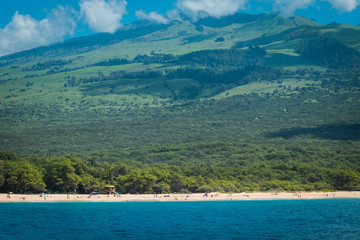 yellow sand beach, mountain and ocean