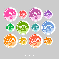 Set of abstract colorful round sale stickers. Multicolor retro design on white background. Elements for web page ad, tickets, discount offer price labels, badges, coupons, flyers etc. In EPS