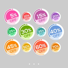 Set of abstract colorful round sale stickers. Multicolor retro design on white background. Elements for web page ad, tickets, discount offer price labels, badges, coupons, flyers etc. In EPS