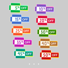 Set of abstract colorful sale stickers. Multicolor retro design on white background. Elements for web page ad, tickets, discount offer price labels, badges, coupons, flyers etc. In EPS