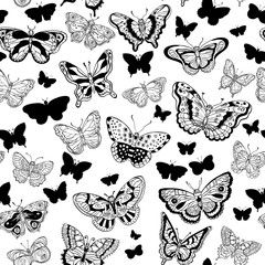 Seamless pattern with various forms  of butterflies. Silhouettes