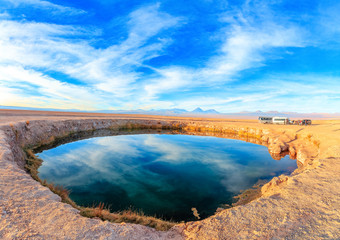 Panorama Ojos del Salar Lagoon, Salar de Atacama, San Pedro de Atacama, Antofagasta Region, Chile