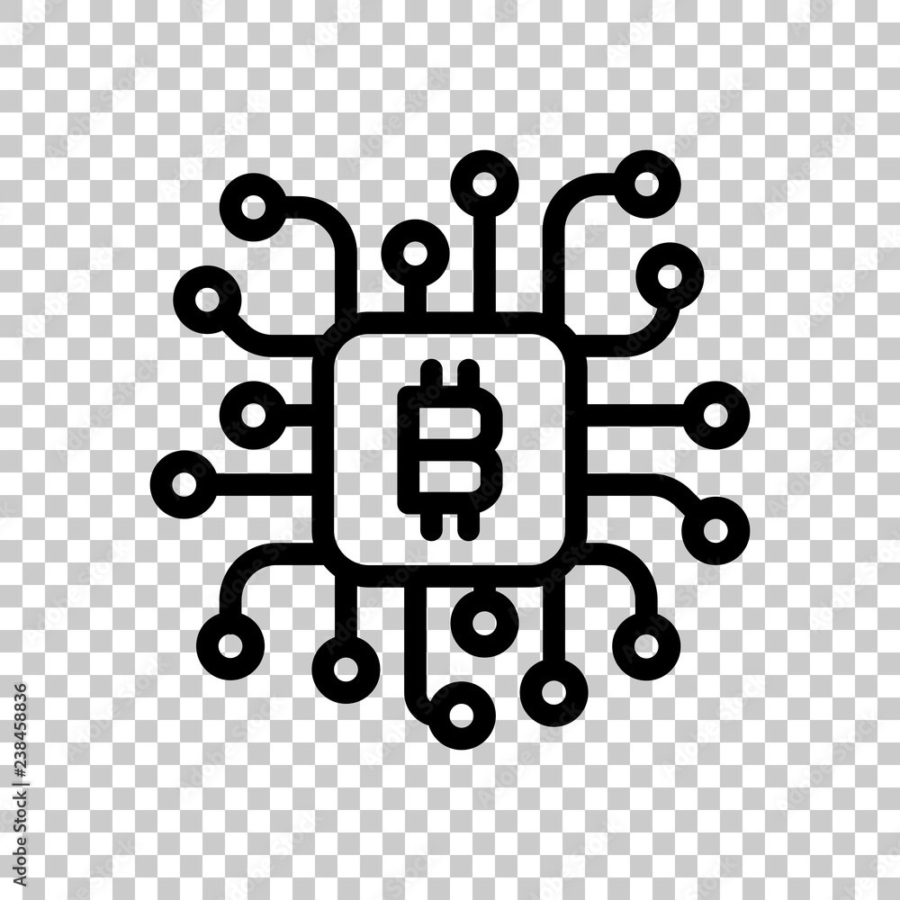 Poster linear bitcoin chip icon. processor for farming. black symbol on
