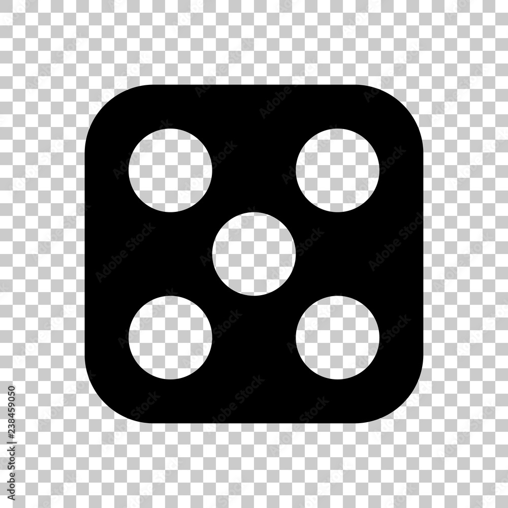 Poster one dice with number five on visible side. icon of casino games.