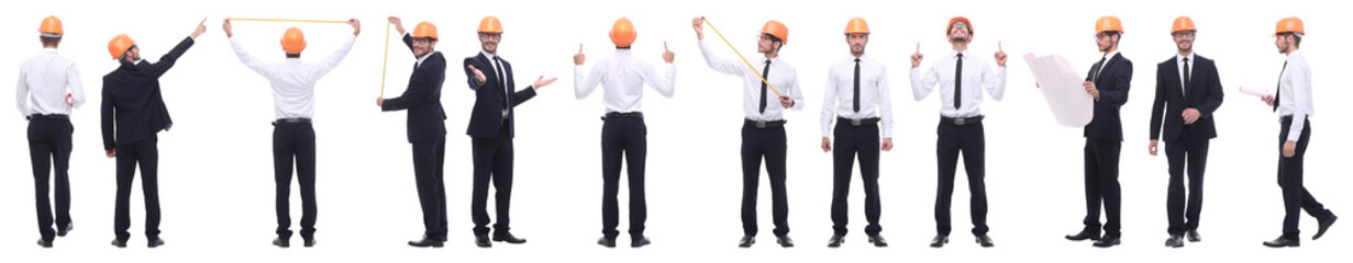 panoramic photo collage of confident architect isolated on white