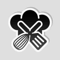Chef hat and tools. Kitchen logo, simple icon. Sticker style wit