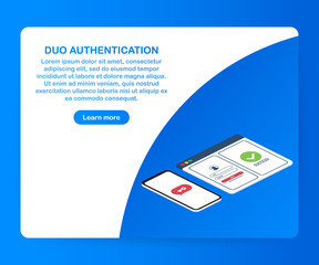 Dual Factor Authentication concept based isometric design, laptop with login window connected with smartphone. Vector illustration.