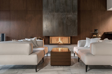 Modern interior with wooden wall and burning fireplace