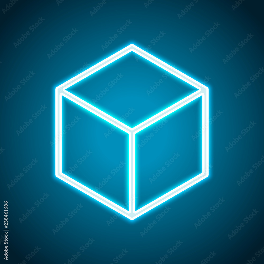 Poster geometric empty cube. simple outline icon. neon style. light dec