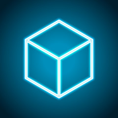 Geometric empty cube. Simple outline icon. Neon style. Light dec
