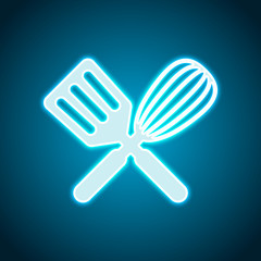 Kitchen tool icon. Whisk and spatula, criss and cross. Neon styl