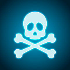 Skull and crossed bones. Simple icon. Neon style. Light decorati