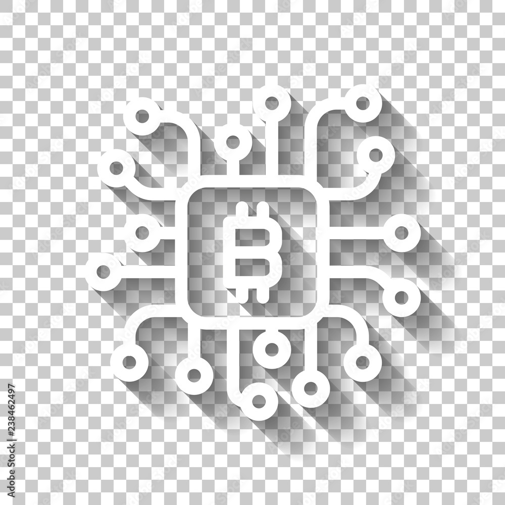 Poster linear bitcoin chip icon. processor for farming. white icon with shadow on transparent background